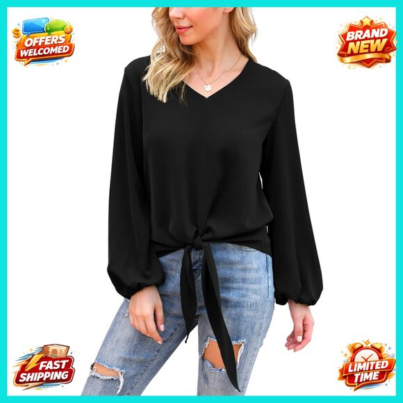 Tops - Floral Chiffon Blouse Lantern Sleeve Tie Front Loose Fit V Neck Elegant Top